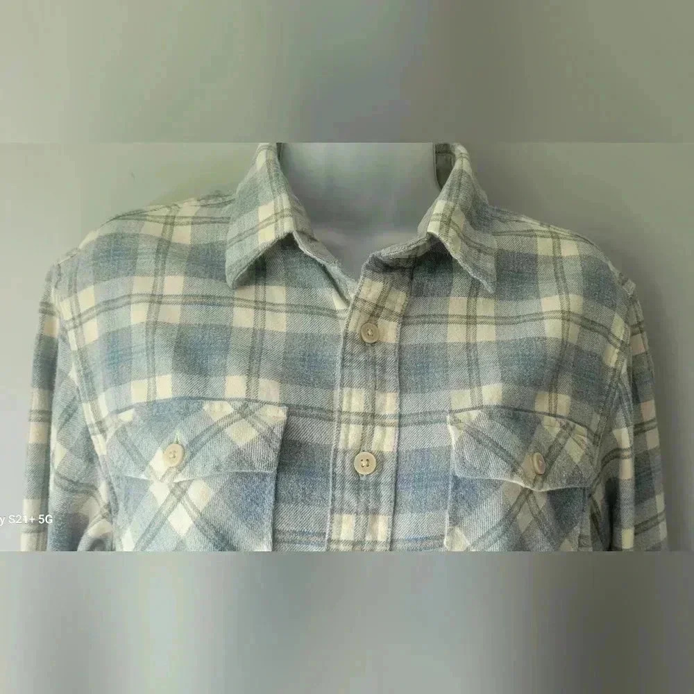 Eddie Bauer cozy pastel yellow & blue flannel shirt size medium - Picture 2 of 9